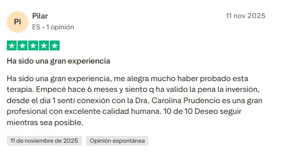 Reseña real de un paciente en la app de Mente Sana