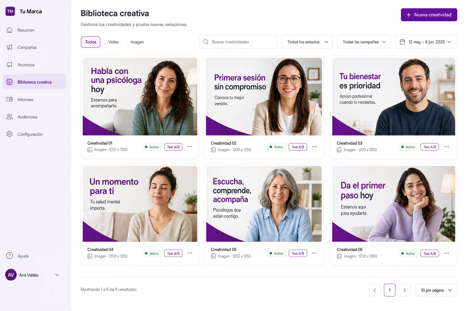 Biblioteca de creativos: variantes nuevas cada semana, con test A/B.