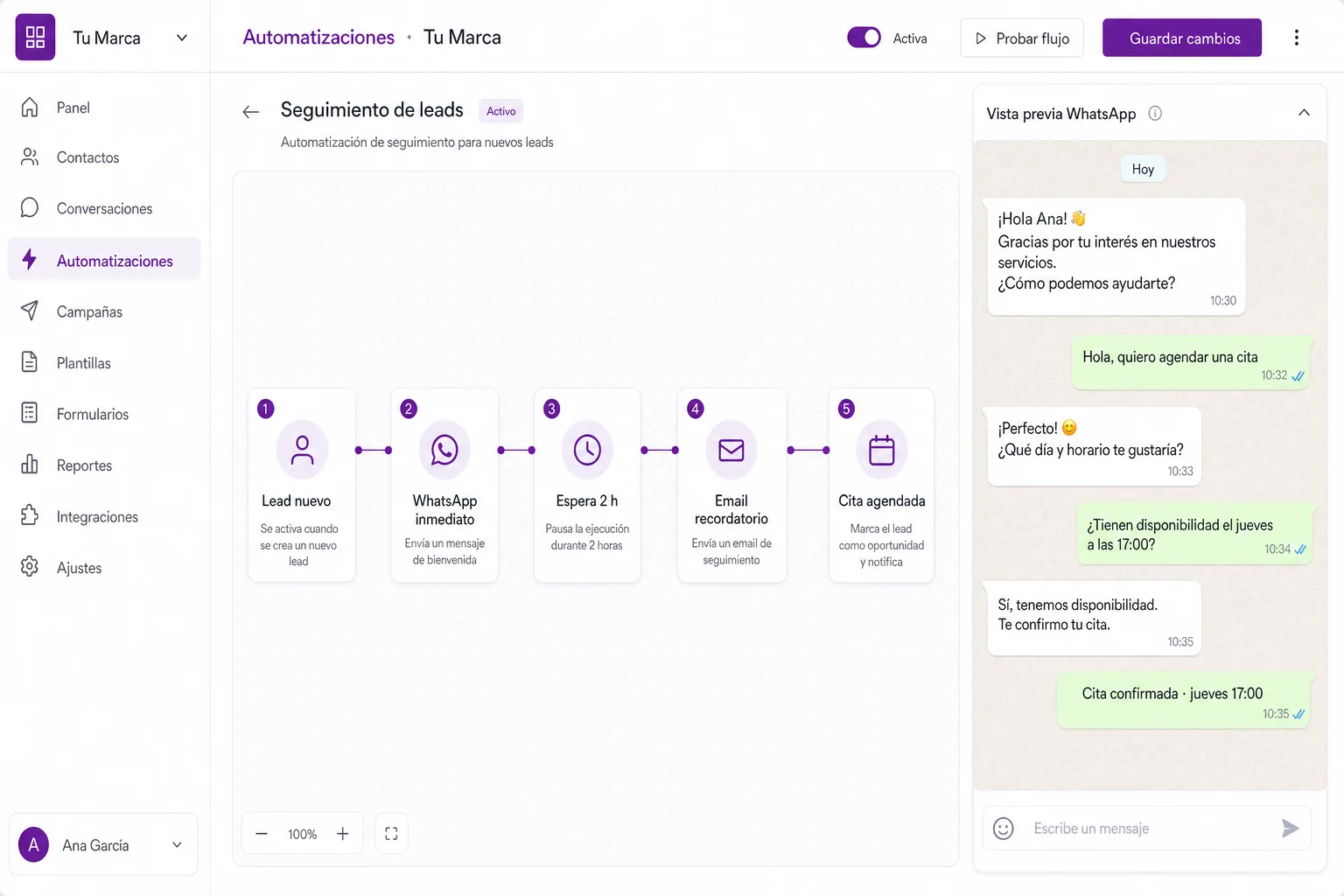 Automatización de seguimiento de leads: WhatsApp inmediato, recordatorio por email y cita agendada