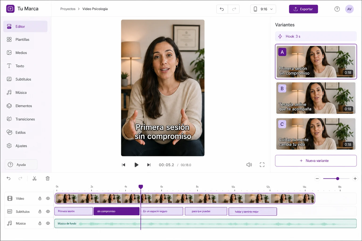 Editor de vídeo con un anuncio vertical subtitulado y tres variantes A/B/C