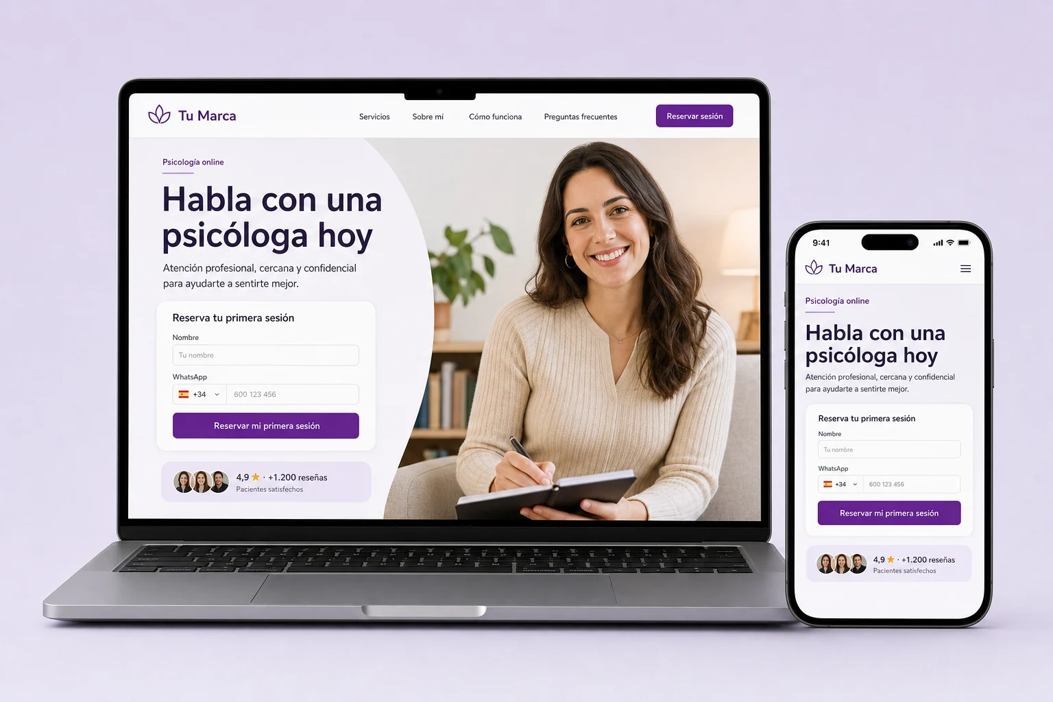 Landing de una clínica de psicología en portátil y móvil con formulario de reserva