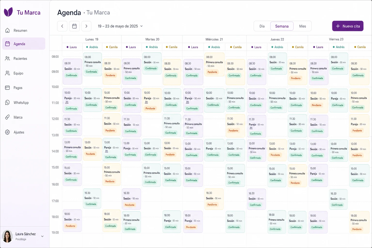 Agenda semanal con una columna por psicóloga y citas confirmadas o pendientes