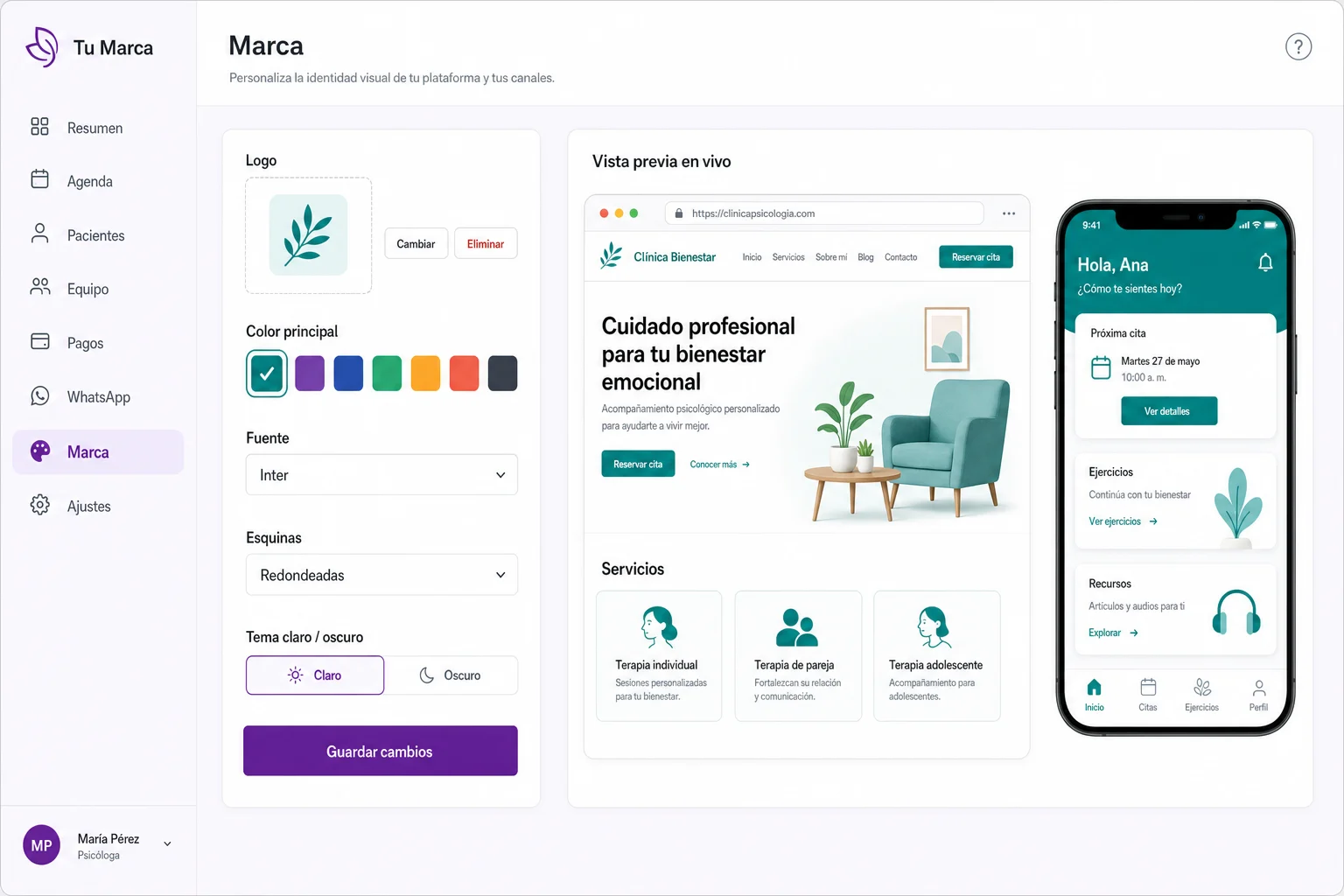 Pantalla de Marca: logo, colores y tipografía con vista previa en vivo de la web de reservas y la app del paciente
