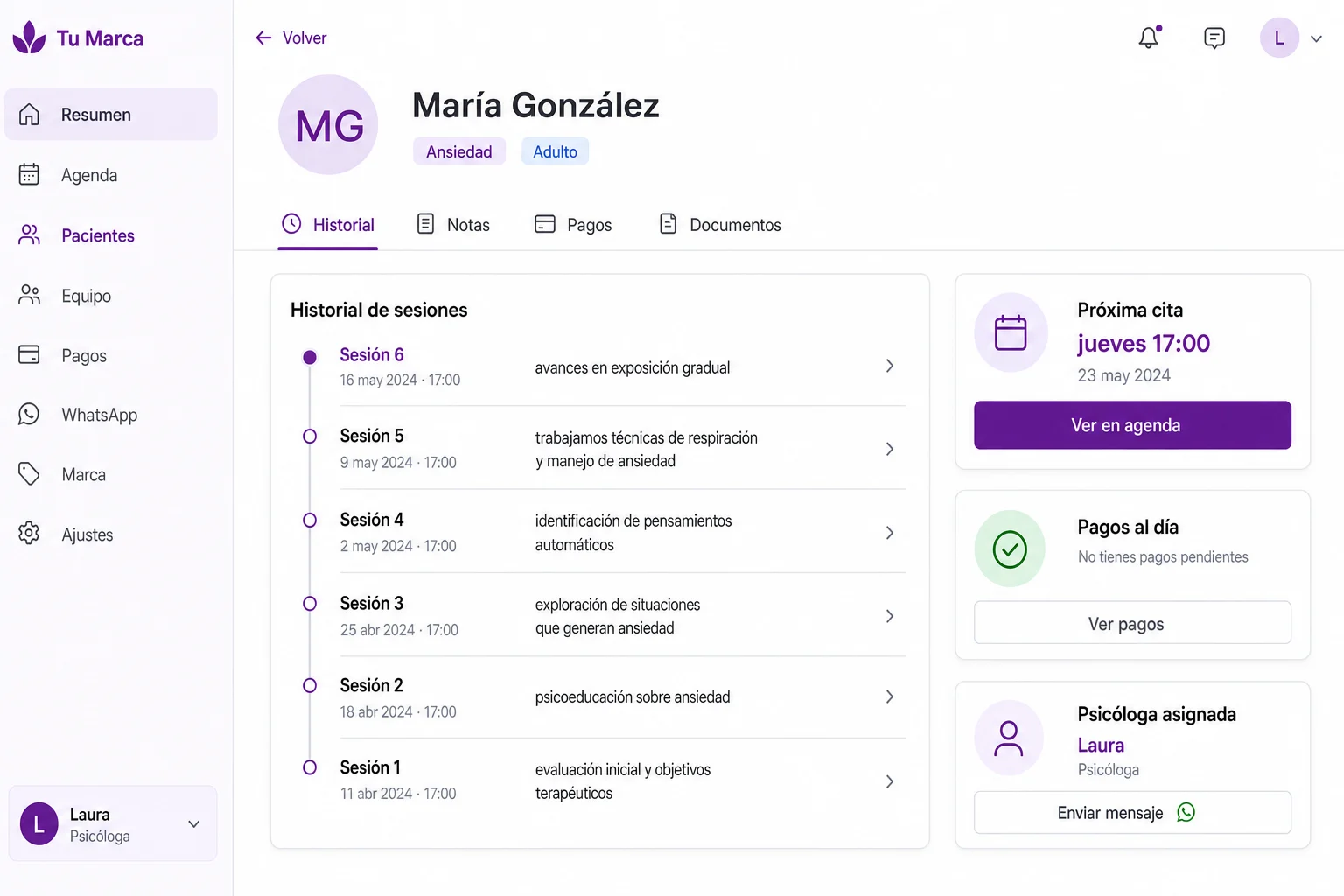 Ficha de paciente con historial de sesiones, próxima cita y pagos al día