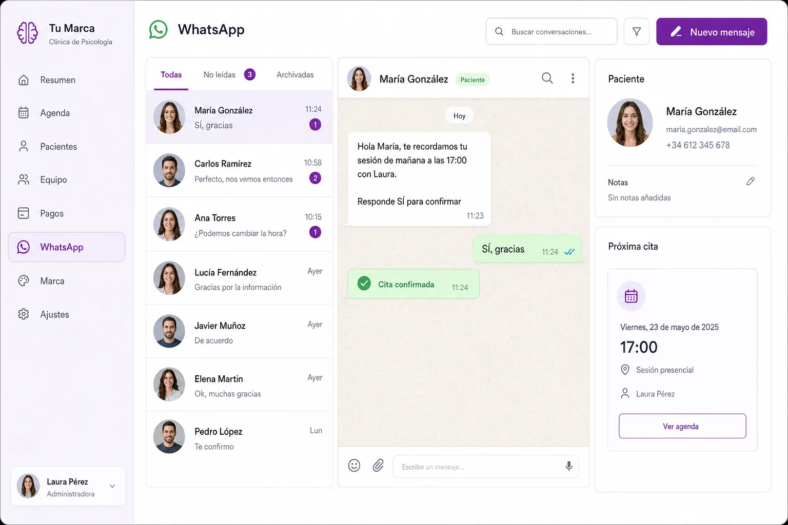 Bandeja de mensajes tipo WhatsApp dentro del panel con una cita confirmada